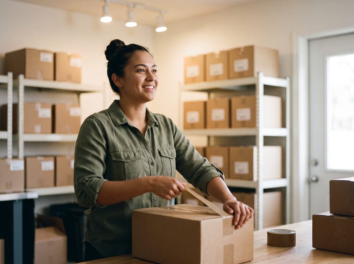 Vendedora de e-commerce sonriendo mientras sella una caja de envío, anaqueles de inventario detrás