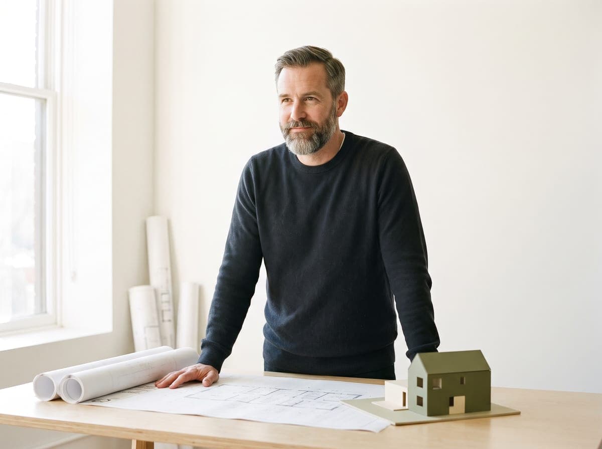 Inversionista de real estate frente a planos arquitectónicos y una maqueta de casa